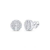 10k Gold Round Diamond Stud Earrings 1/4 Cttw feature a central row of baguette diamonds, clusters of round diamonds on each side, and secure screw-back closures, all crafted in white metal.