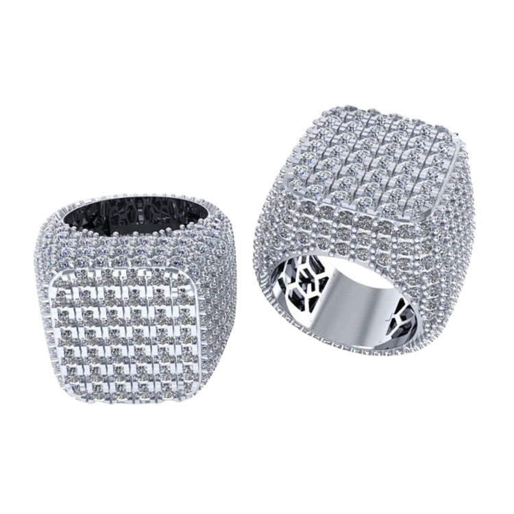 Two Square Pavé Diamond Rings – 18 CT Gold Statement, each with a bold square face encrusted in sparkling diamonds. Displayed on white, these modern rings are ideal for those who love striking gold diamond jewelry.