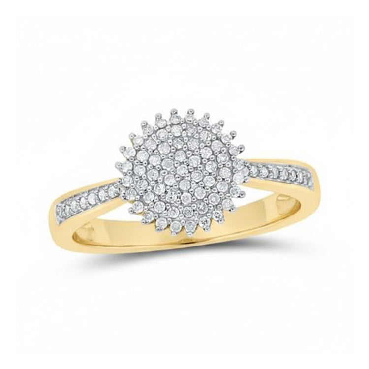 The 10k Gold Round Diamond Circle Ring 1/4 Cttw features a sparkling cluster of diamonds at the center accented by more diamonds on the band—a brilliant choice for any occasion.