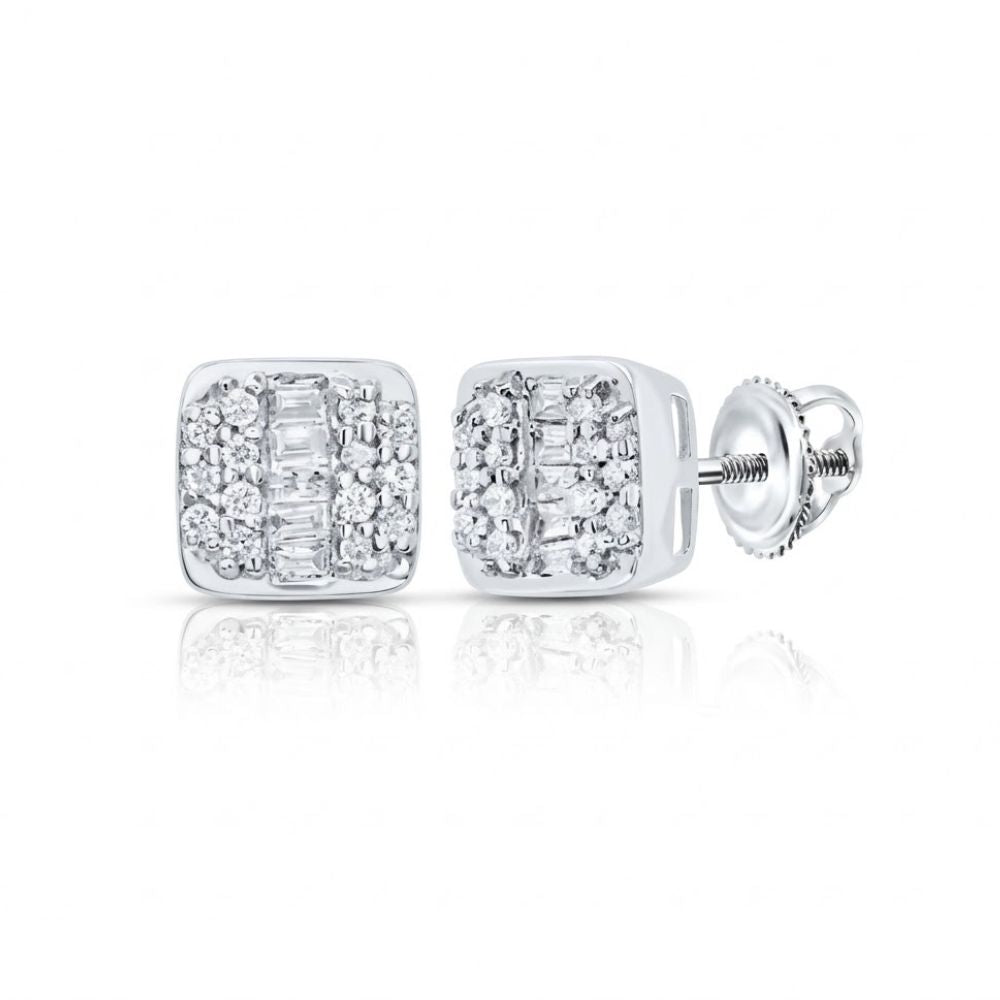 The 10k Gold Cushion Diamond Earrings 1/4 Cttw feature round and baguette diamonds in white gold with a secure screw-back closure, shown on a white background.