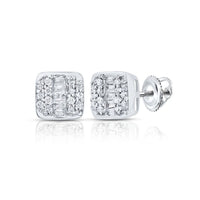 The 10k Gold Cushion Diamond Earrings 1/4 Cttw feature round and baguette diamonds in white gold with a secure screw-back closure, shown on a white background.