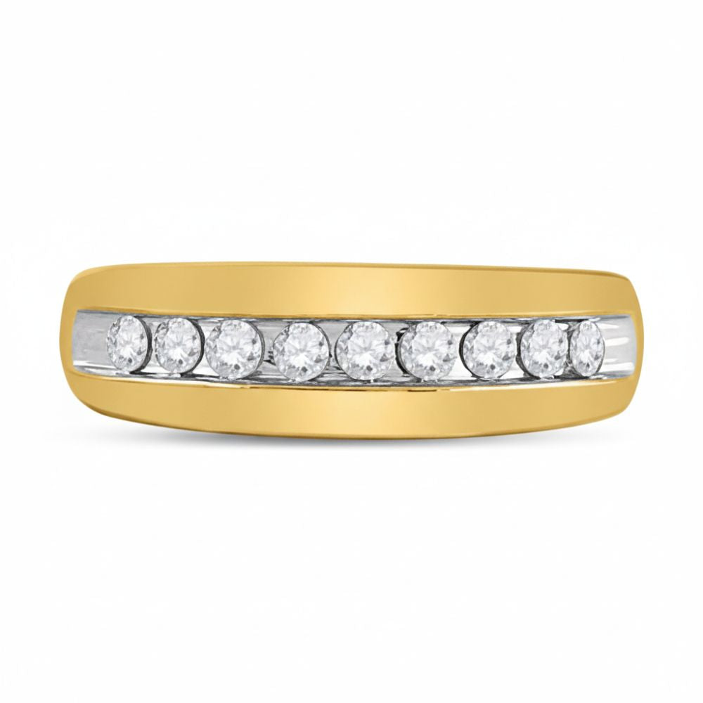 The 10k Gold Round Diamond Wedding Band 1/2 Cttw features seven round diamonds in a horizontal channel setting, displayed on a white background.