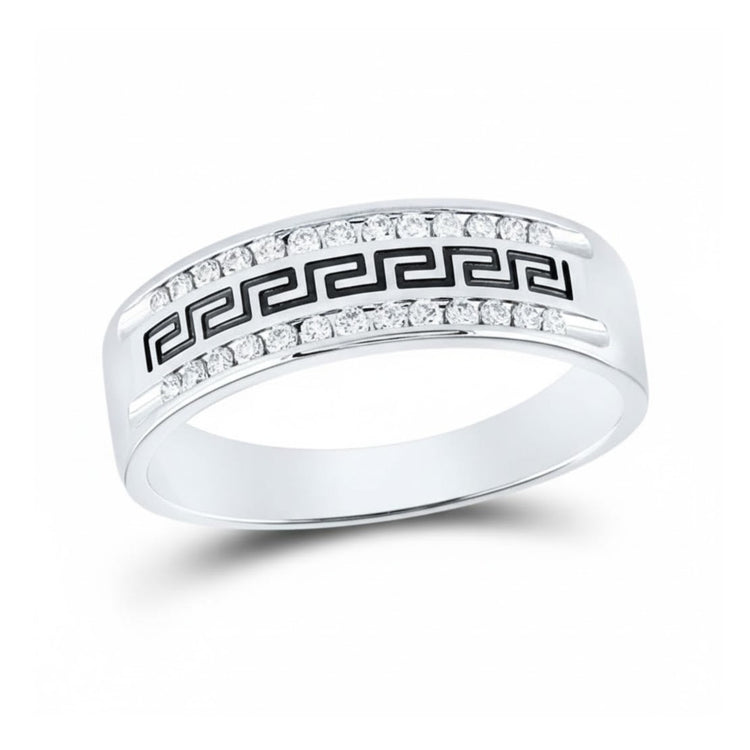 The 14k Gold Diamond Grecco Wedding Band 1/4 Cttw features a bold Greek key design and sparkling diamonds, creating an elegant and timeless look.