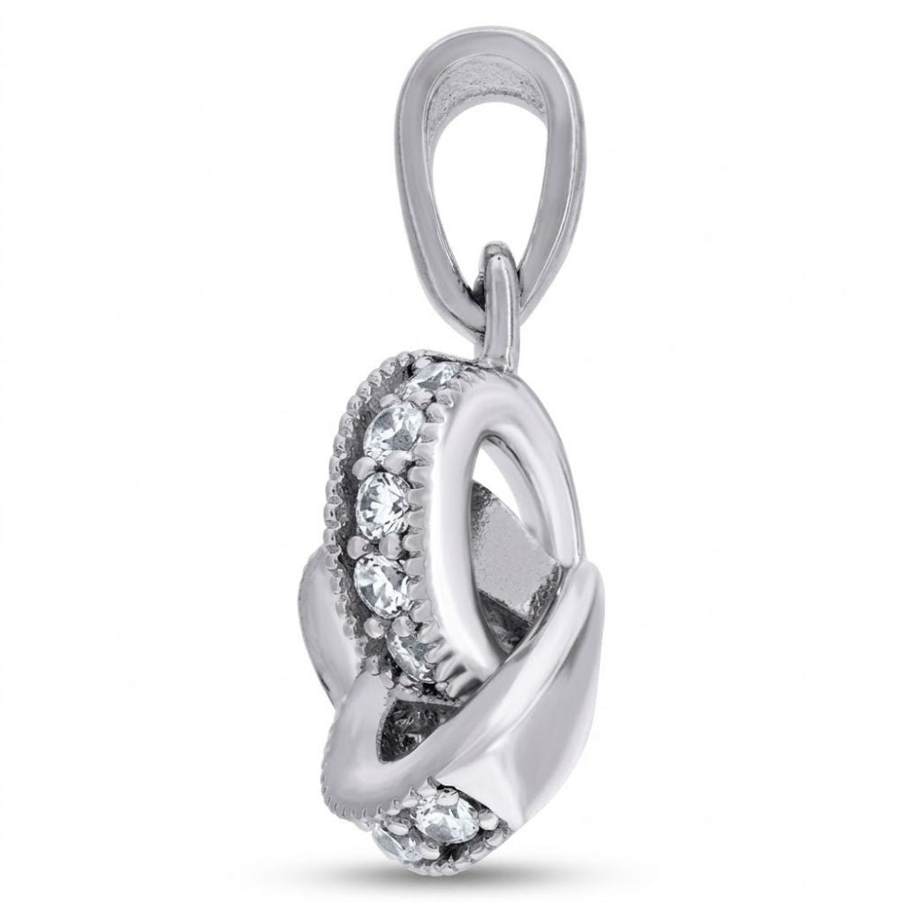 The 925 Sterling Silver Women's Love Knot Pendant showcases a twisted loop design accented with sparkling cubic-zirconia stones, set against a plain white background.