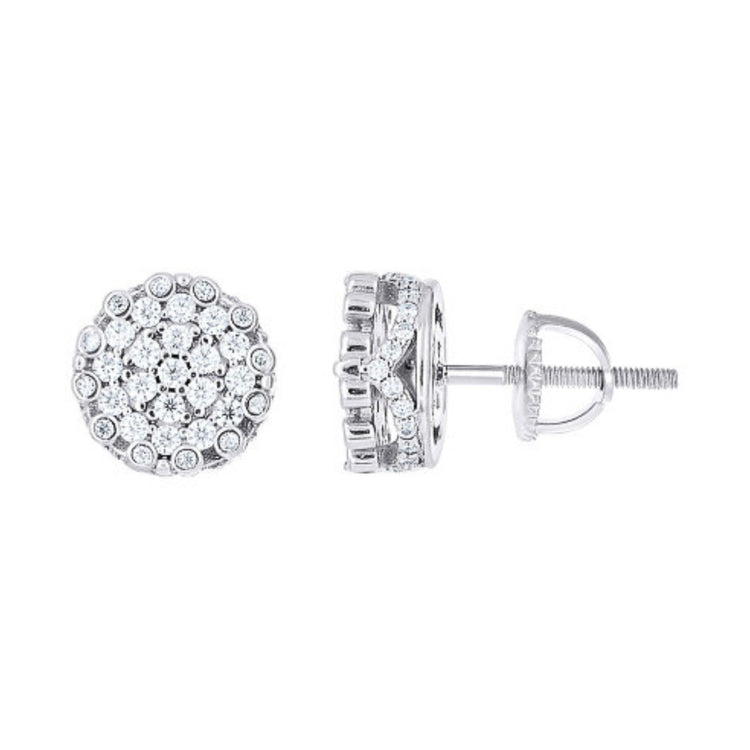 The 925 Silver Womens Moissanite Round Stud Earrings feature screw backs and multiple small stones in a floral pattern, shown from the front and side—perfect for any women's fashion earrings collection.