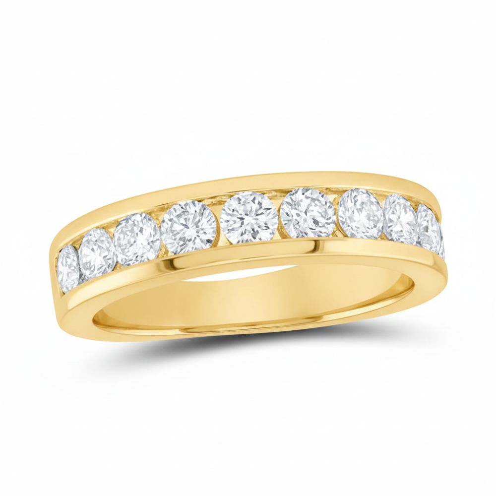 The 14k Gold Round Diamond Single Row Wedding Band 1 3/4 Cttw features a channel-set row of round, white diamonds along the top half of the band and is displayed on a white background.