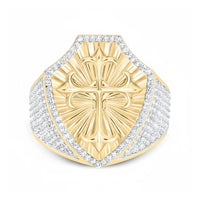 The 10k Gold 7/8 CTTW Diamond Cross Men’s Ring features a shield shape with an engraved diamond cross, radiating lines, and white diamonds bordering and accenting the sides of the yellow gold band.