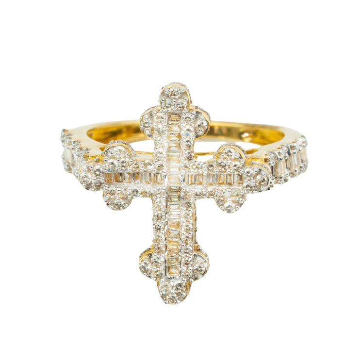 The 10k Pincky Natural Diamond Cross Ring showcases a bold diamond-studded cross with round and baguette-cut diamonds on both the cross and band, making it a standout statement pinky ring.