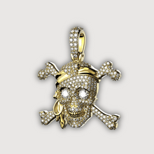  14K Gold Diamond Pirate Skull Pendant with dazzling diamond eyes and intricate details, symbolizing adventure and luxury.