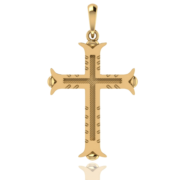 The 14k Gold Ornate Cross Pendant features textured detailing, decorative edges, a smooth bail for easy chain attachment, and small raised patterns accenting its borders.