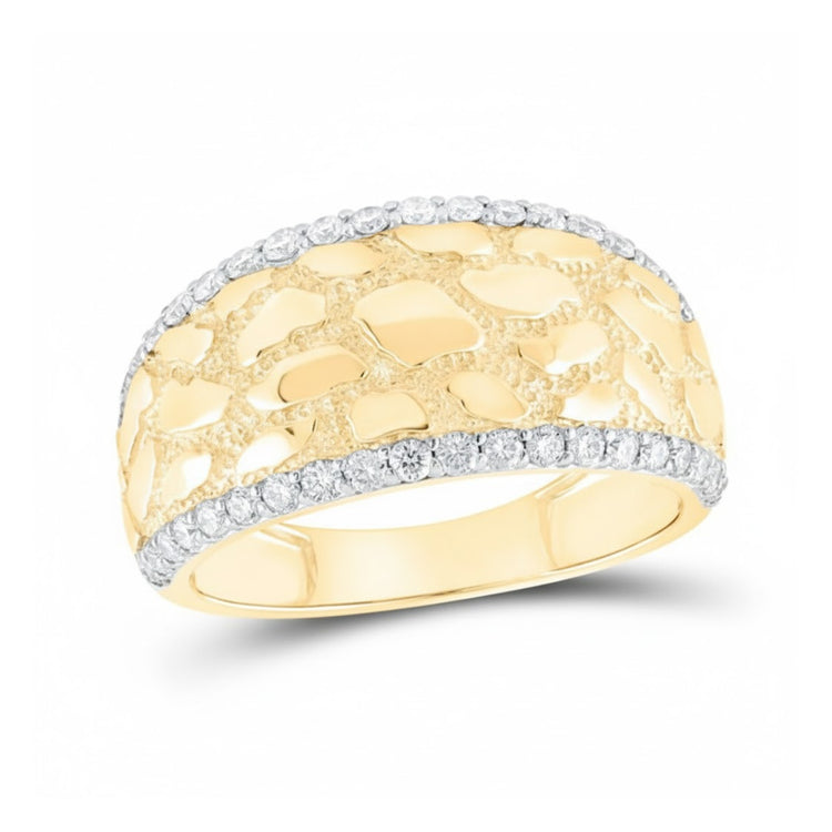 The 10k Yellow Gold Diamond Nugget Band Ring 3/4 Cttw showcases a wide band with a textured nugget design and two rows of sparkling round diamonds along the edges.