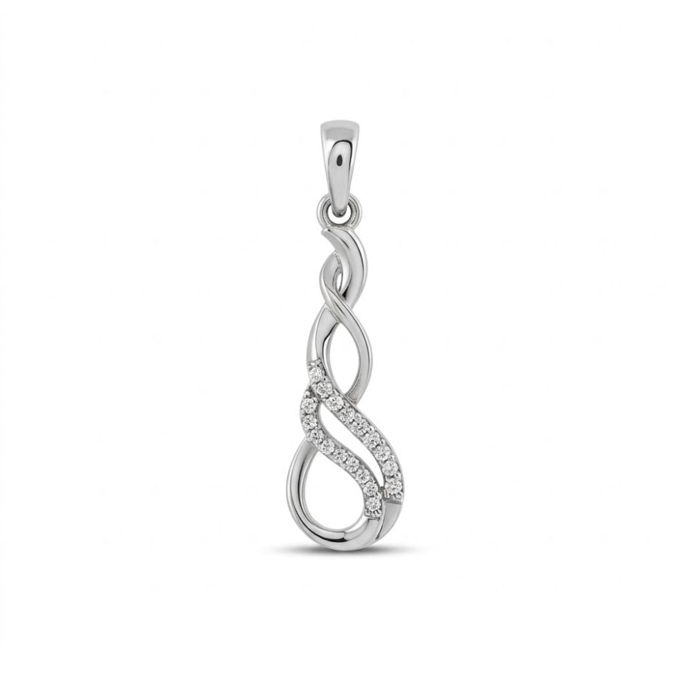 A 1/20 CTW Diamond Infinity Pendant in 10k gold with a graceful, twisting design and a row of sparkling natural diamonds along one curve, shown on a plain white background.