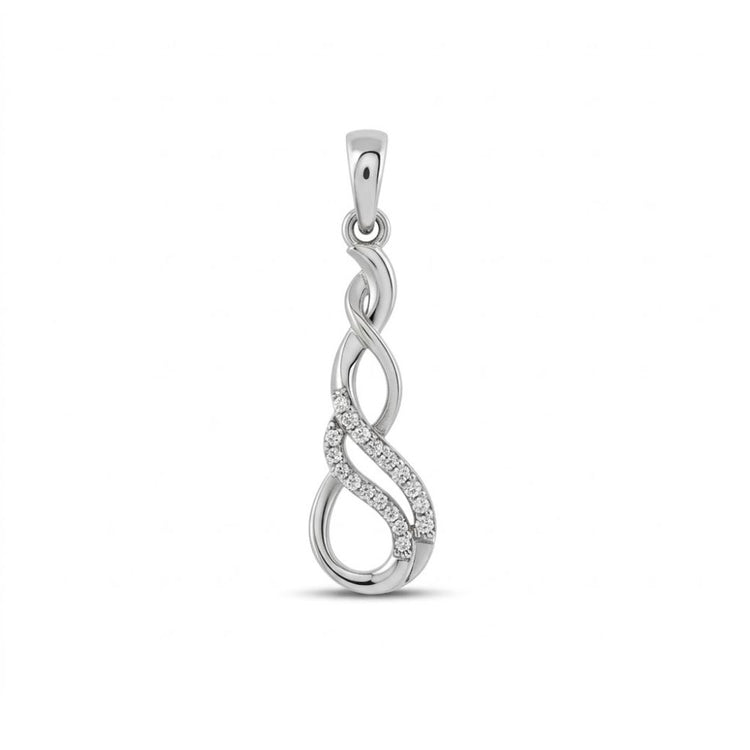 A 1/20 CTW Diamond Infinity Pendant in 10k Gold features two intertwined loops—one accented with sparkling diamonds—creating an elegant and modern design against a plain white background.