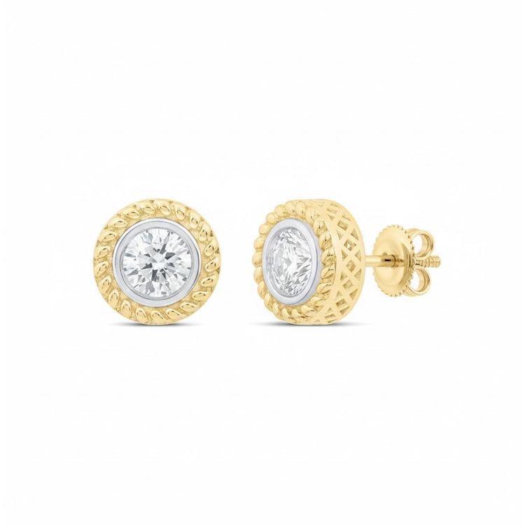 A pair of 1/2CTW diamond solitaire men’s earrings in 10K gold, bezel-set with round diamonds and a decorative gold border, shown from front and side views on a white background.