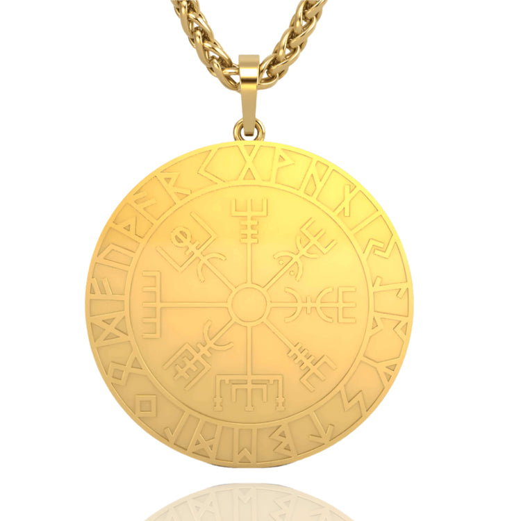 The 14k Gold Viking Pendant features a round design with Nordic runes on the edge and a central Vegvisir compass, paired with a chain and shown against a white background.