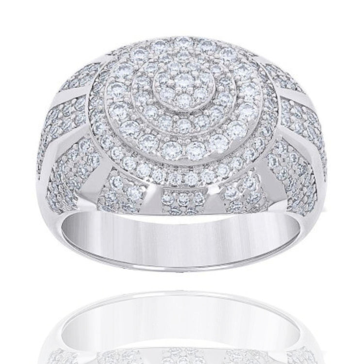 The Moissanite Round Silver Fashion Ring features rows of round-cut moissanite stones set in concentric circles on a wide sterling silver band, offering a sparkling and luxurious look.