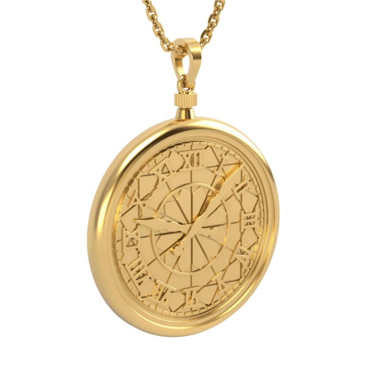 The 14k Gold Pocket Watch Pendant showcases a decorative Roman numeral face with intricate patterns, suspended from a matching gold chain for timeless vintage style.