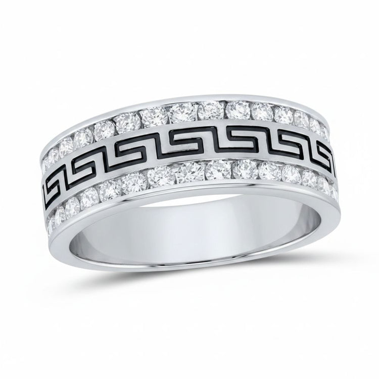 The 14k Gold Double Row Grecco Greek Key Diamond Wedding Band showcases two rows of channel-set diamonds with a striking black Greek Key motif between the sparkling stones, all set against a white background.