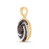 The 10k Yellow Gold Cognac Diamond Pendant 1/2 CTTW features an oval design with brown and white natural diamonds, a swirl motif, intricate cut-out edges, and a stunning cognac diamond centerpiece.