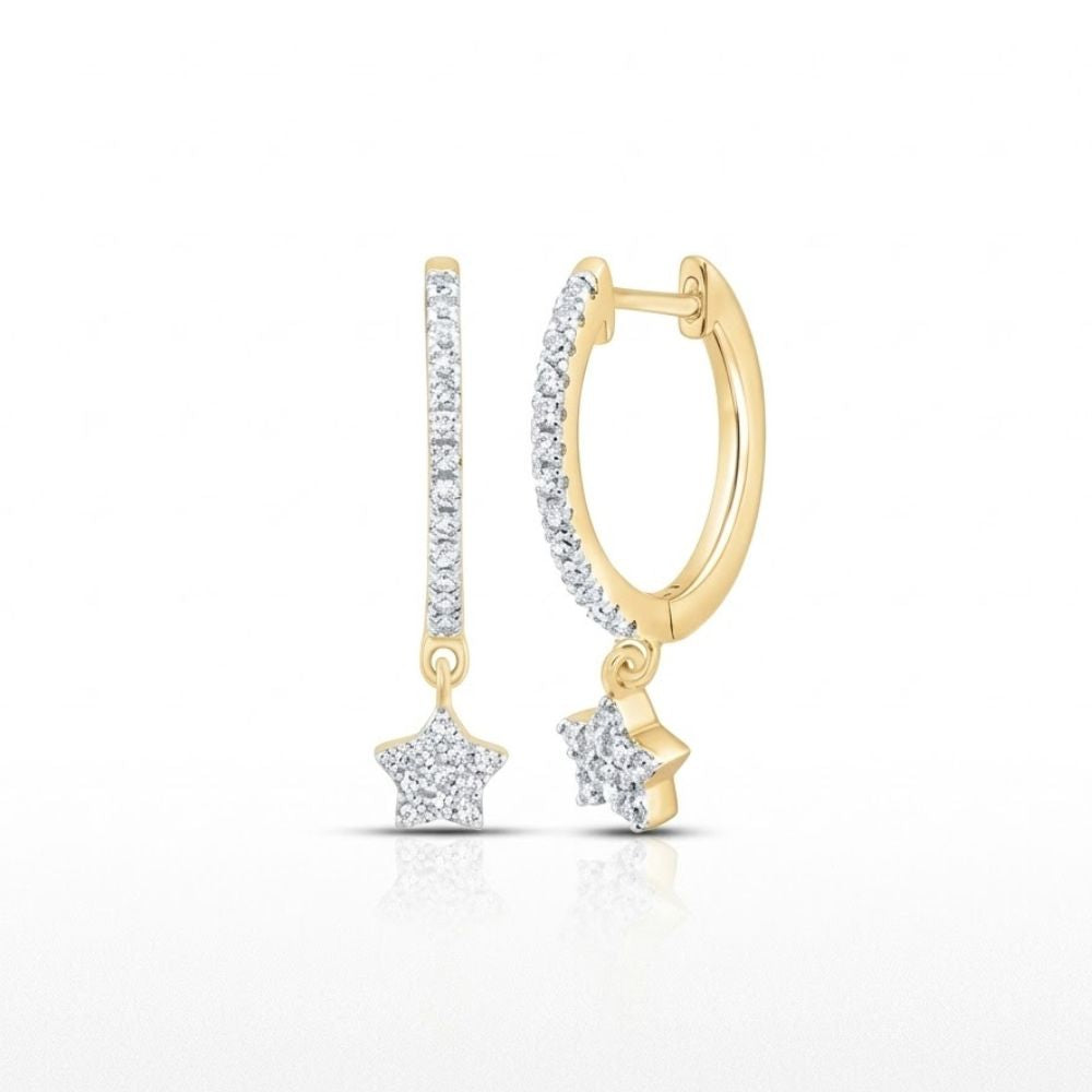 10K Gold Diamond Star Hoop Earrings 1/5 CTTW. Each yellow gold earring features a row of sparkling diamonds and a dangling, diamond-encrusted star charm. Shown on a plain white background.