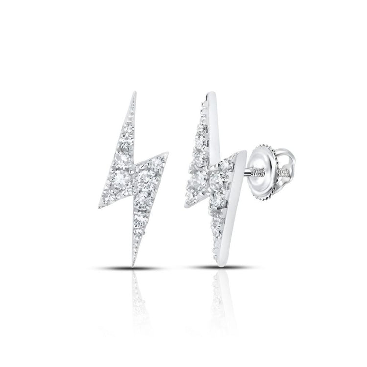 The 1/6CTW Round Diamond Bolt Lightning Stud Earrings in 10K yellow gold feature sparkling diamonds and bold lightning bolt shapes, showcased on a white background.