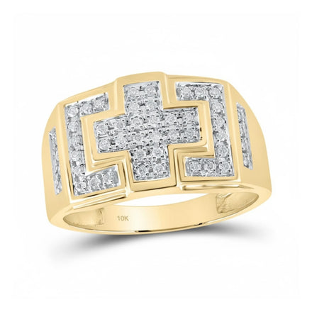 The 10k Gold Diamond Cross Cluster Ring 1/3 Cttw features a geometric square and cross design encrusted with diamonds on a wide stamped 10K band, with sparkling diamond accents throughout.