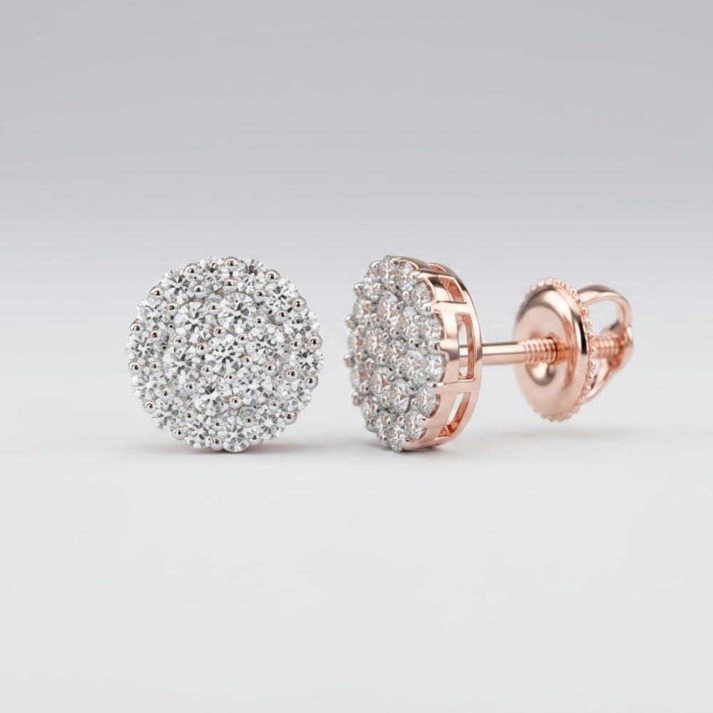The 10k Gold Round Diamond Cluster Earrings 1-7/8 Cttw feature round diamonds in a rose gold setting with pavé-set clustered white stones, shown against a plain light background.
