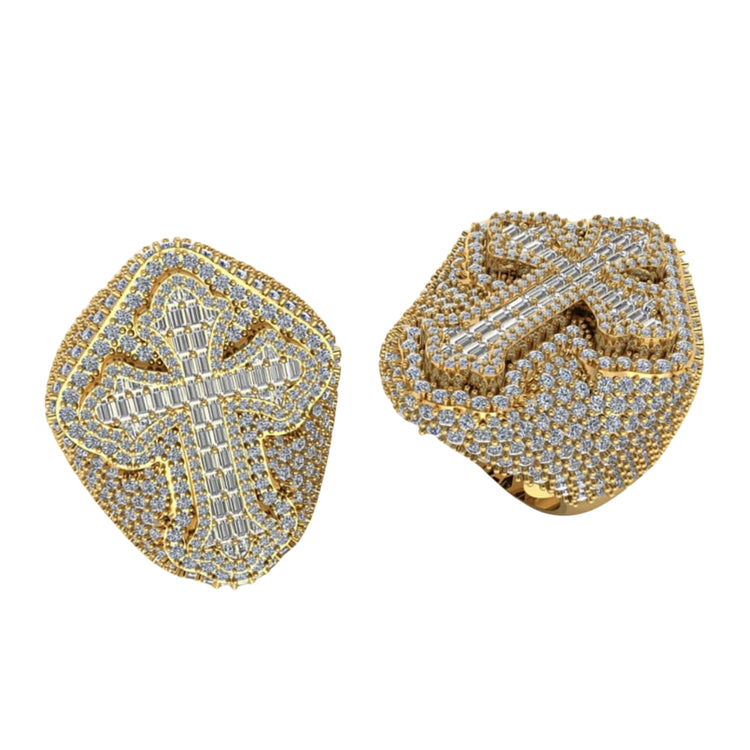 Two Cross Diamond Signet Rings – 7.20 CT with baguette and pavé design, each featuring a prominent cross atop, are displayed on a white background. These gold rings blend elegance with bold style.