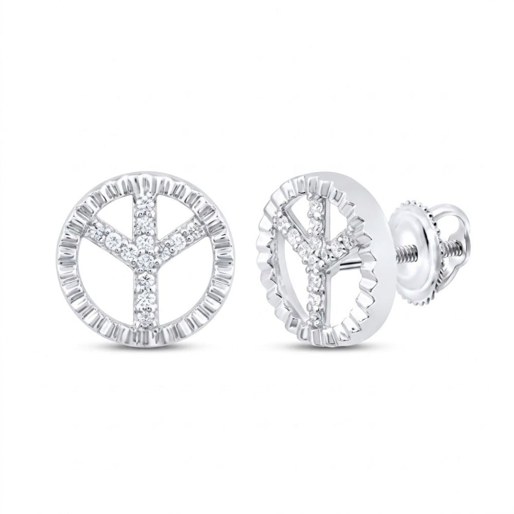 The 1/10CTW Natural Diamond Round Earrings in 10K Gold feature a polished peace symbol design with sparkling natural diamonds and secure screw-back closures.
