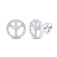 The 1/10CTW Natural Diamond Round Earrings in 10K Gold feature a polished peace symbol design with sparkling natural diamonds and secure screw-back closures.