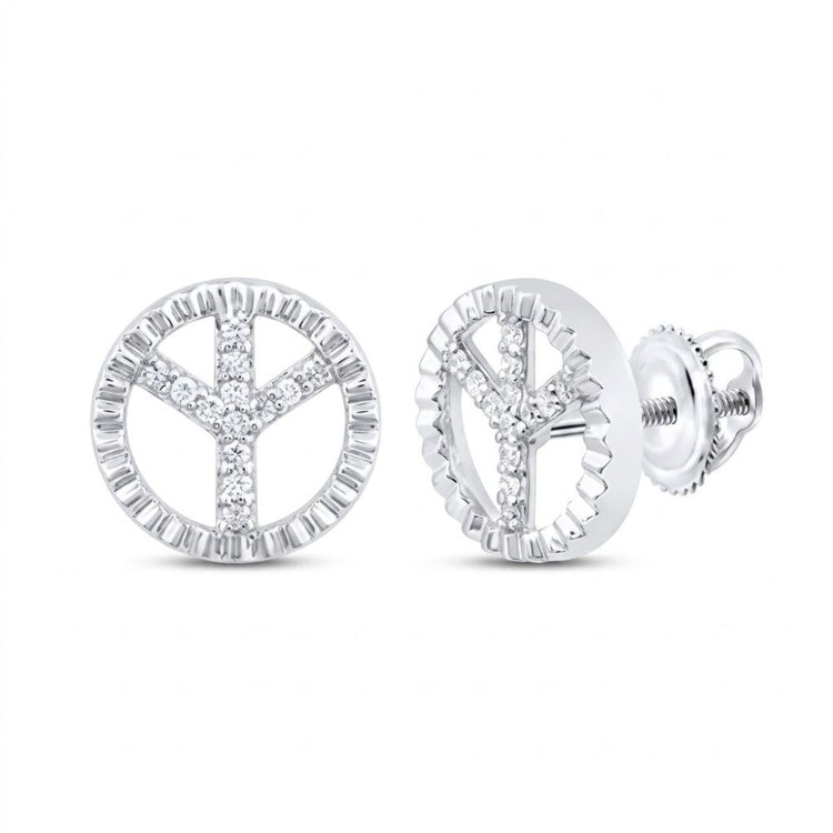 The 1/10CTW Natural Diamond Round Earrings in 10K Gold feature a polished peace symbol design with sparkling natural diamonds and secure screw-back closures.