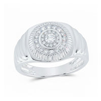 A 14K gold men's ring featuring a central natural diamond (1/2 CTW) set in silver, accented by two rows of smaller diamonds and engraved sides, displayed against a white background.