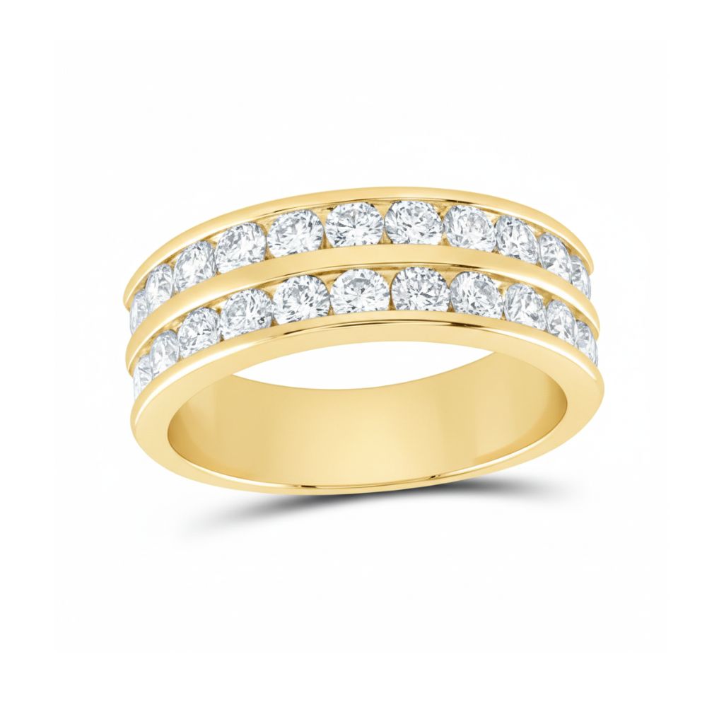 The 14k Gold Double Row Diamond Wedding Band – 2 Cttw features two parallel rows of channel-set round diamonds atop a wide, polished 14k gold band.