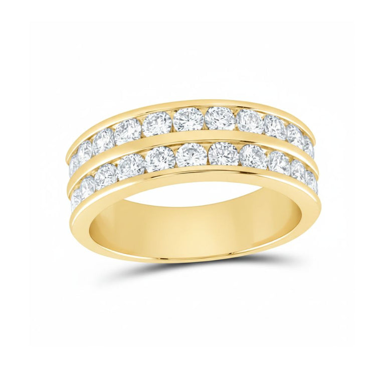 The 14k Gold Double Row Diamond Wedding Band – 2 Cttw features two parallel rows of channel-set round diamonds atop a wide, polished 14k gold band.