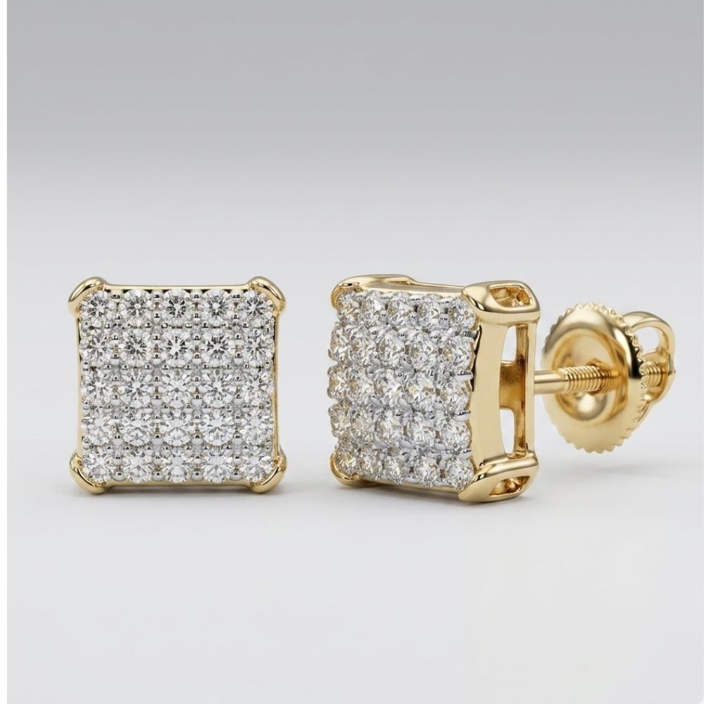 The 10k Gold Round Diamond Square Earrings 1/8 Cttw for women feature square studs with multiple round diamonds in a prong setting and secure screw-back closures, shown on a neutral background.