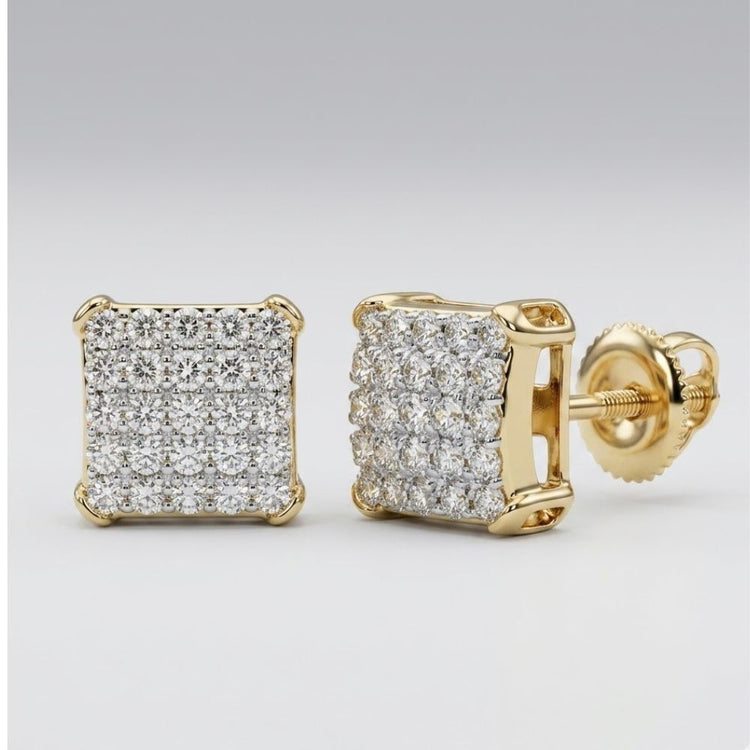 The 10k Gold Round Diamond Square Earrings 1/8 Cttw for women feature square studs with multiple round diamonds in a prong setting and secure screw-back closures, shown on a neutral background.