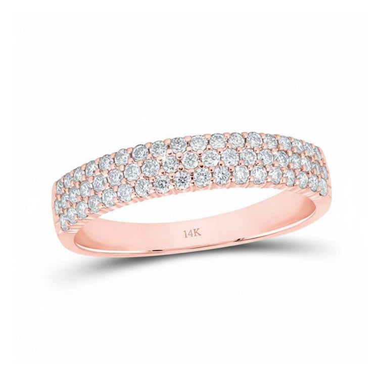 The 14k Gold Diamond Pave Band Ring 1/2 Cttw showcases three rows of round diamonds set in rose gold. The interior is stamped “14K.” Displayed on a white background.