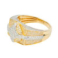 The 1.57 CTW Natural Diamond Cluster Ring in 14k yellow gold showcases a bold design, with numerous white diamonds set across a wide band and a striking, shield-shaped center for a luxurious men's statement piece.