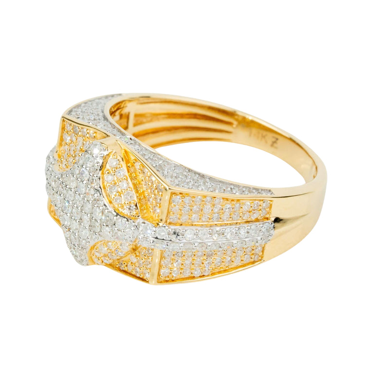 The 1.57 CTW Natural Diamond Cluster Ring in 14k yellow gold showcases a bold design, with numerous white diamonds set across a wide band and a striking, shield-shaped center for a luxurious men's statement piece.