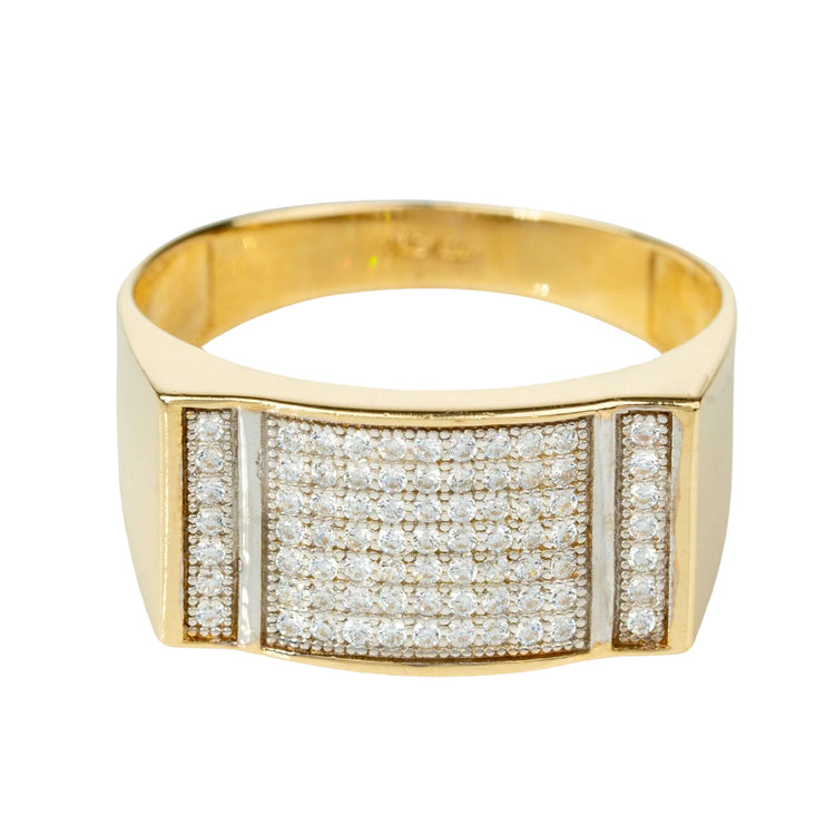 The Square Gold Ring is crafted in 14K gold with a wide band and a rectangular top set with multiple rows of CZ stones, accented by vertical CZ rows on each side.