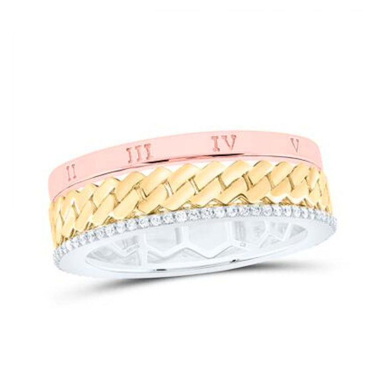 The 1/4CTW Diamond Men’s Band in 14K three-tone gold features a rose gold band with Roman numerals, a braided yellow gold center, and a white gold base set with sparkling diamonds for an elegant, detailed men’s wedding ring.