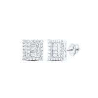 10K Gold Diamond Square Earrings 1/2 CTTW feature a grid pattern of baguette and round diamonds, set in yellow gold with secure screw-back posts, shown on a white background.