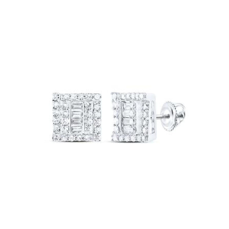 10K Gold Diamond Square Earrings 1/2 CTTW feature a grid pattern of baguette and round diamonds, set in yellow gold with secure screw-back posts, shown on a white background.