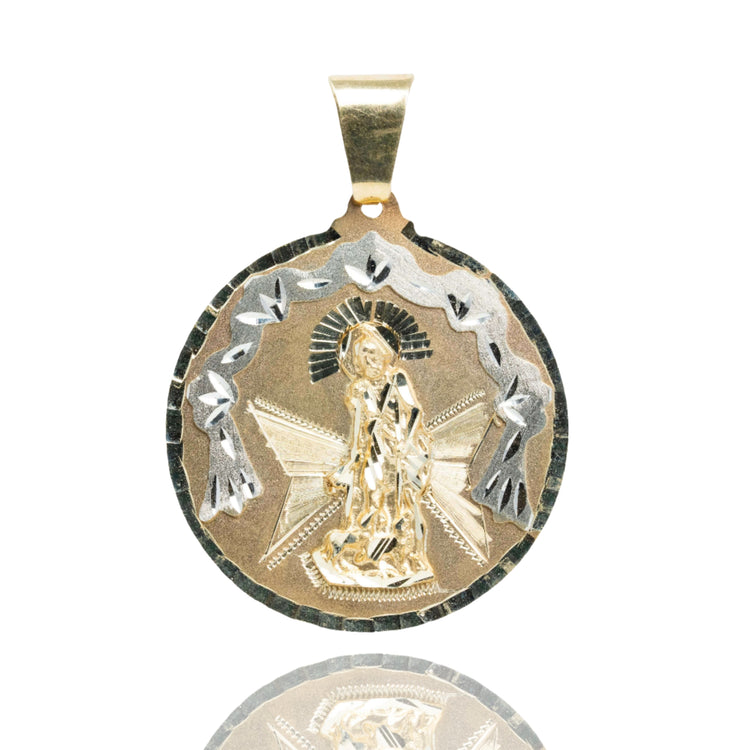 The St. Lazarus Round Ornamental Pendant is a 10k solid gold men's pendant featuring a raised haloed figure with star and floral designs on a shiny, reflective medallion—an elegant accessory.