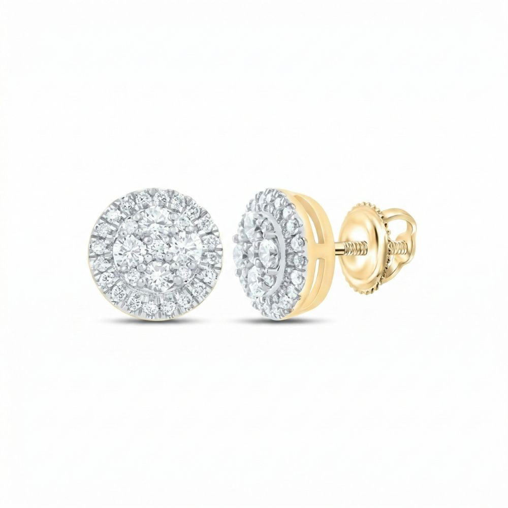 The Halo 1/2ctw Round Diamond Earrings in 14k gold feature natural round diamonds in a cluster design with screw-back closures, shown on a white background.
