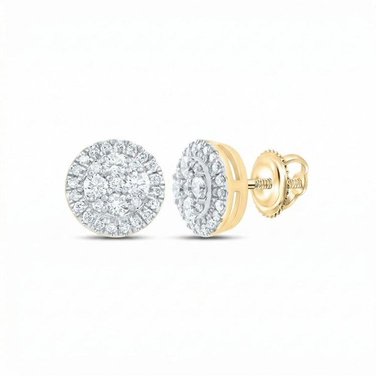 The Halo 1/2ctw Round Diamond Earrings in 14k gold feature natural round diamonds in a cluster design with screw-back closures, shown on a white background.