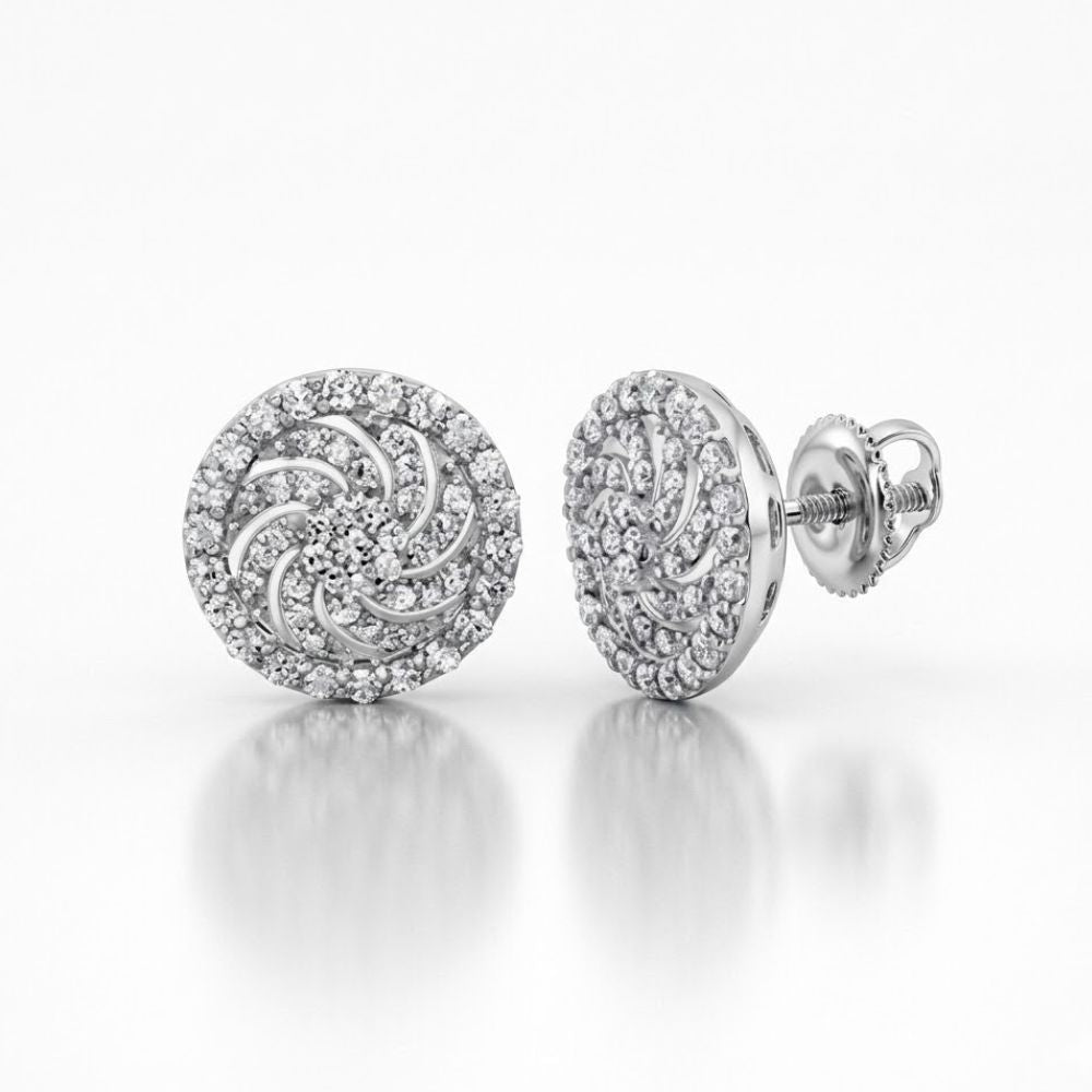 The 10K Gold 1/3 CTW Diamond Flower Stud Earrings feature a swirling round floral design set with natural diamonds, shown with one stud facing front and the other highlighting the secure screw-back closure.
