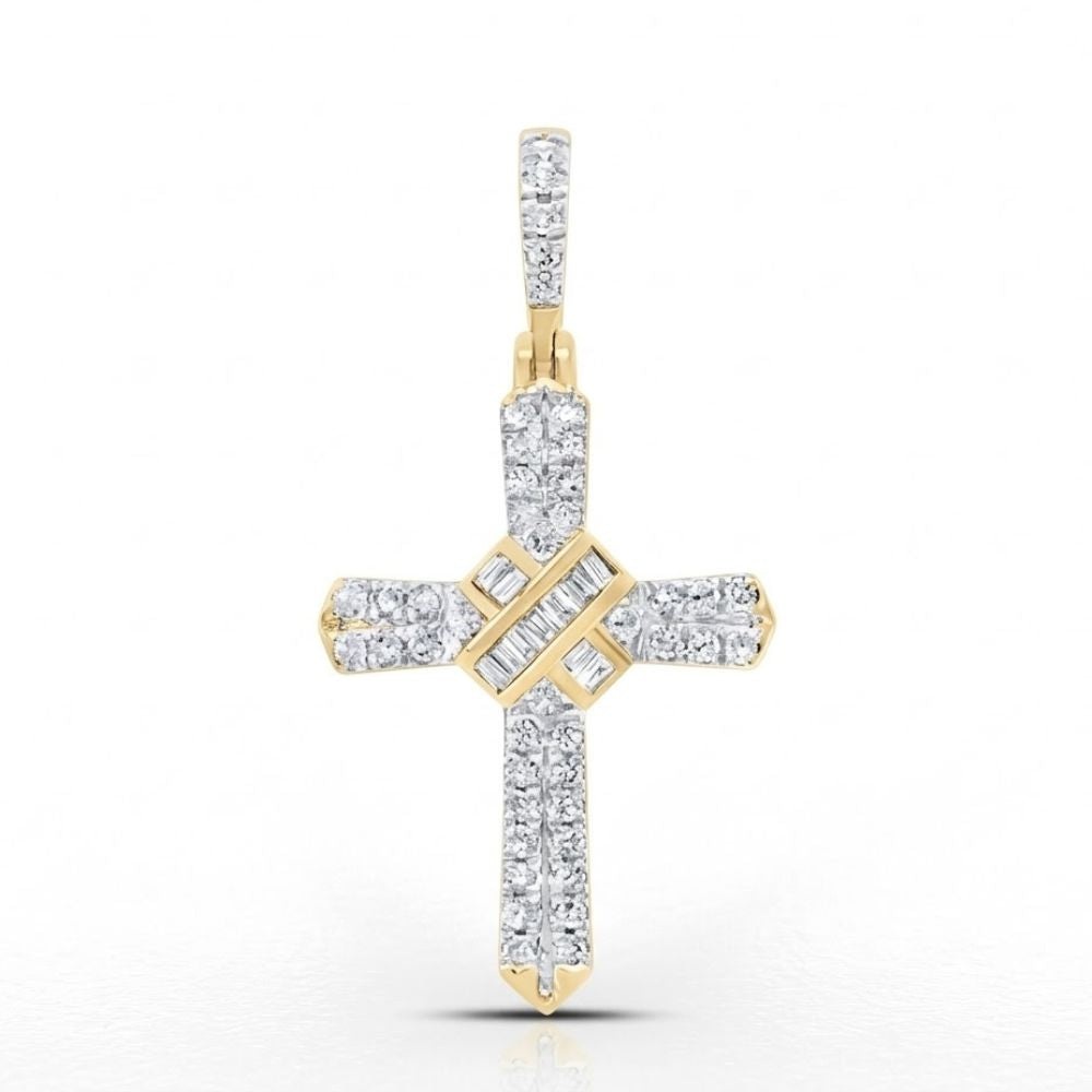 The 1/4 CT Natural Diamond Cross Pendant in 10K gold displays elegant spiritual jewelry with a geometric center and sparkling diamonds on each arm, set against a white background.