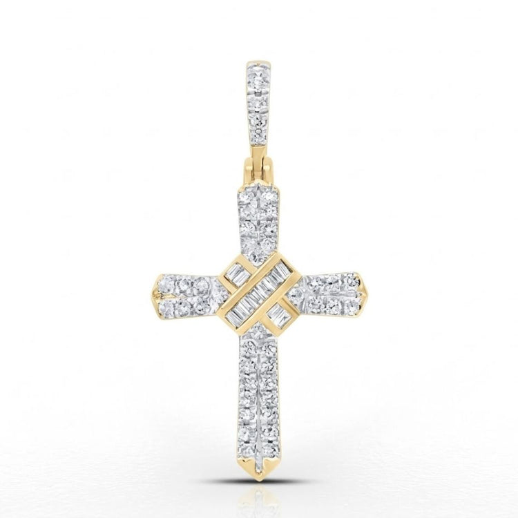 The 1/4 CT Natural Diamond Cross Pendant in 10K gold displays elegant spiritual jewelry with a geometric center and sparkling diamonds on each arm, set against a white background.