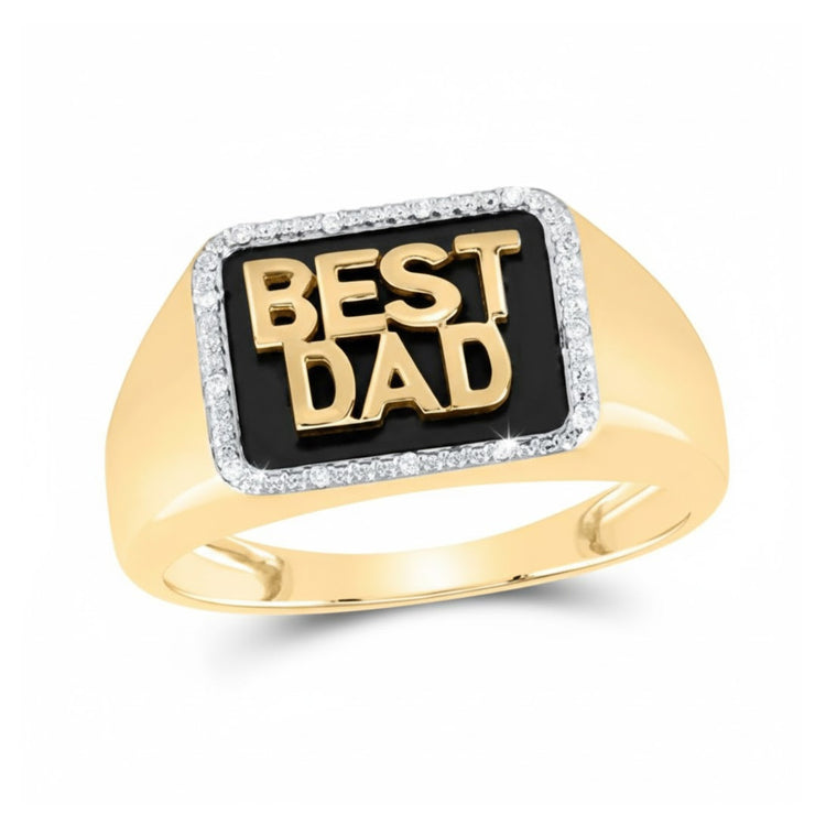 The 10k Gold Diamond BEST DAD Ring 1/20 Cttw features a rectangular black face, diamond border, and raised gold "BEST DAD" lettering—an ideal gift for fathers.